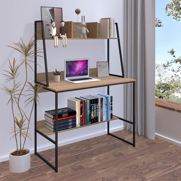 Офис бюро с рафт Herbey в цвят дъб с черен метален крак 100x48x139см