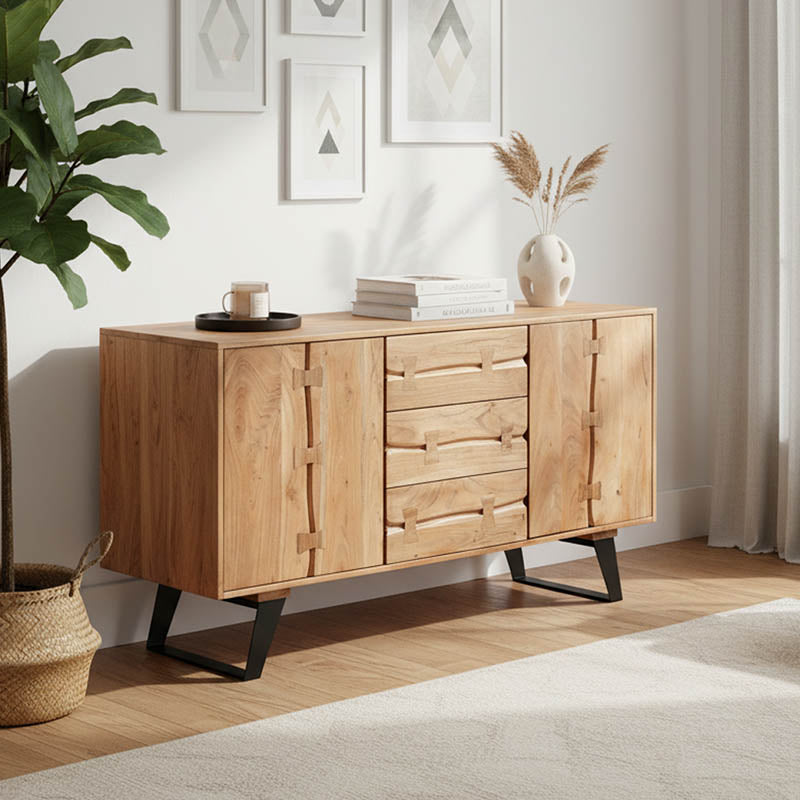 Бюфет leontina масивно акациево дърво в естествен цвят и черен метален крак 150x45x86см