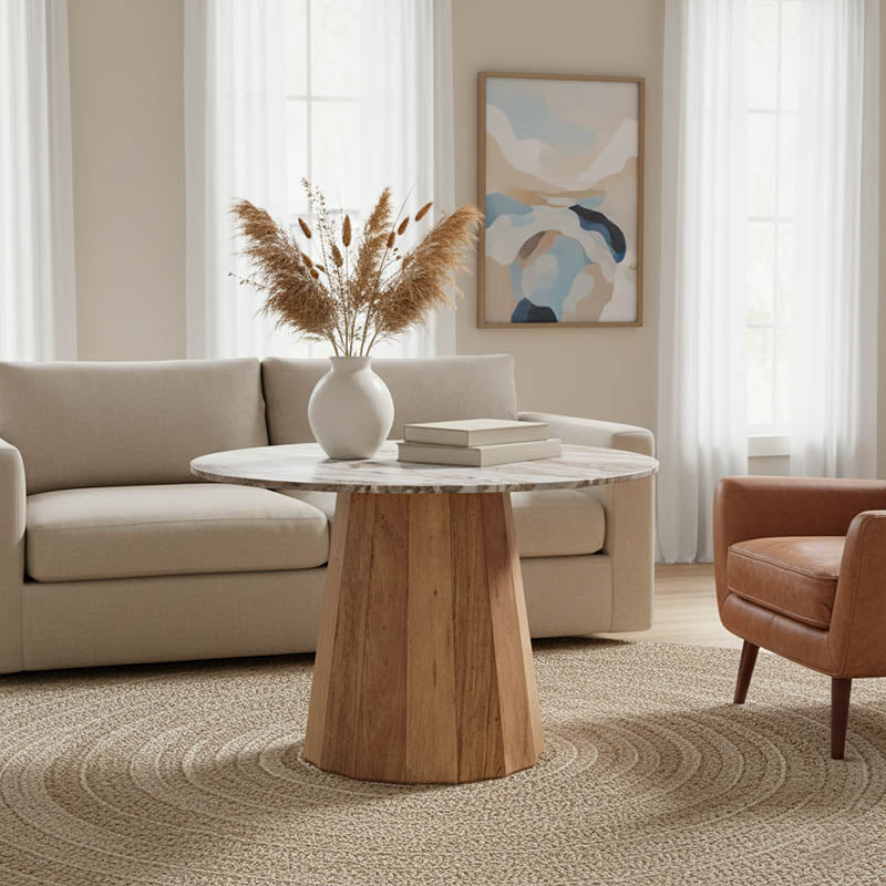 Маса Ezerdian масивно акациево дърво в естествен цвят и мраморен плот d150x76cm