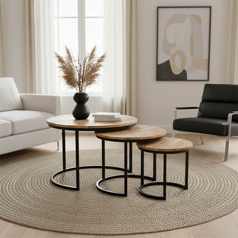 Холна маса frina комплект 3 части мангово дърво в естествен цвят и черен метален крак