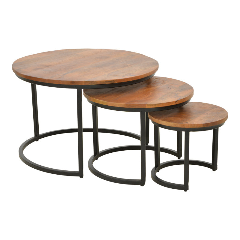 Комплект холна маса Frina от 3 броя мангово дърво в цвят орех с черен метален крак