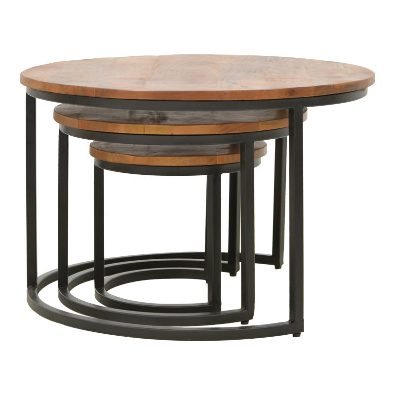 Комплект холна маса Frina от 3 броя мангово дърво в цвят орех с черен метален крак