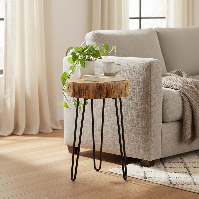 Странична маса Tripp масивна акациева дървесина в естествен нюанс с черни метални крака 32x30x47см