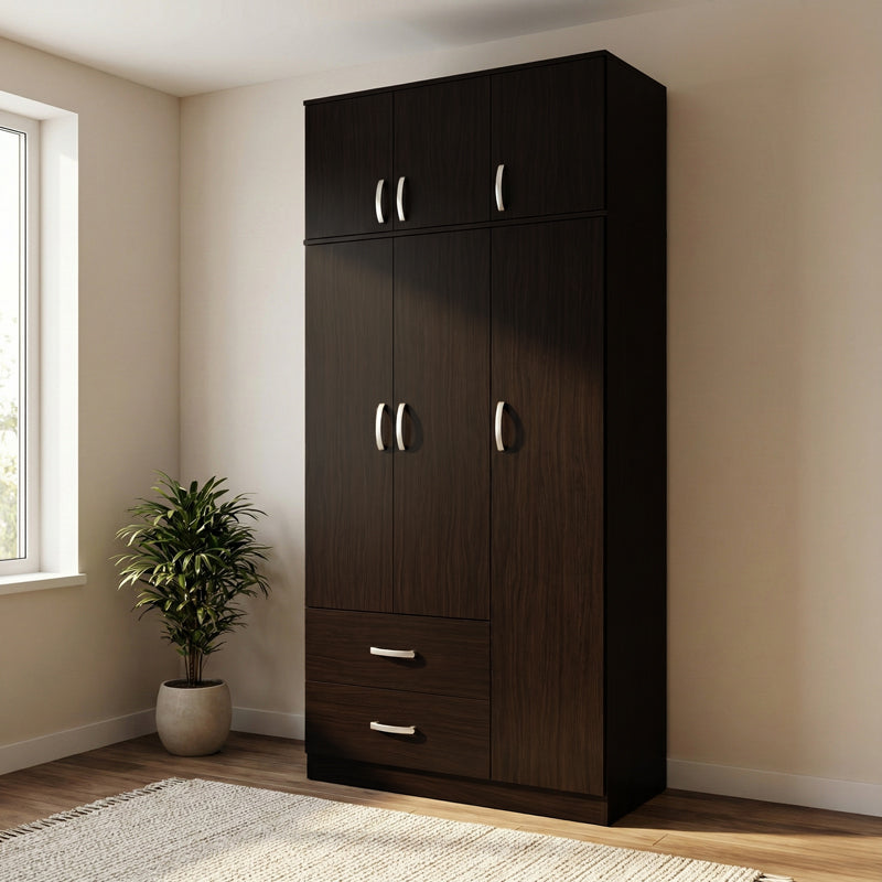 Трикрилен гардероб EGO с 2 чекмеджета и надстройка  в цвят венге 90x42x240см