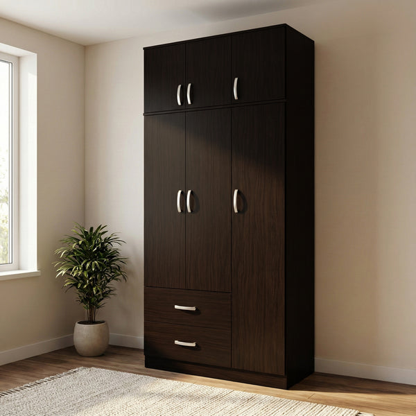 Трикрилен гардероб EGO с 2 чекмеджета и надстройка  в цвят венге 90x42x240см