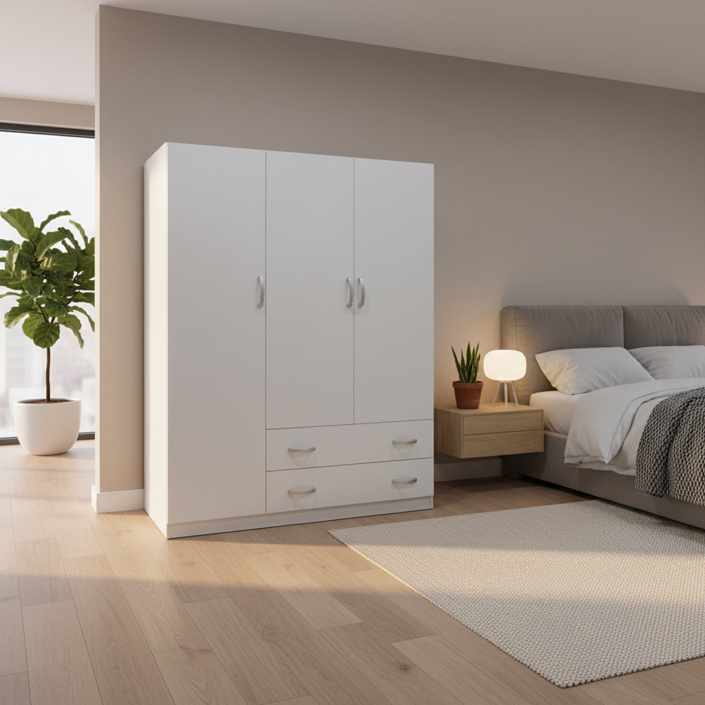 Трикрилен гардероб с 2 чекмеджета ALVIA  бял 150x51x180см