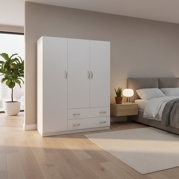 Трикрилен гардероб с 2 чекмеджета ALVIA  бял 150x51x180см