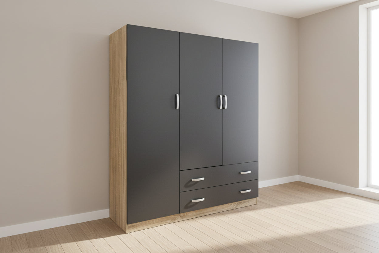 Трикрилен гардероб с 2 чекмеджета ALVIA сонома-антрацит 150x51x180см