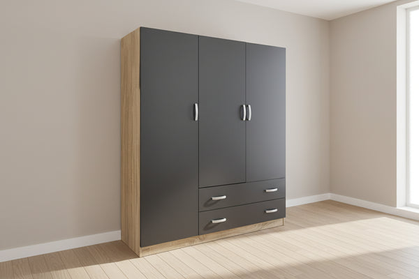 Трикрилен гардероб с 2 чекмеджета ALVIA сонома-антрацит 150x51x180см