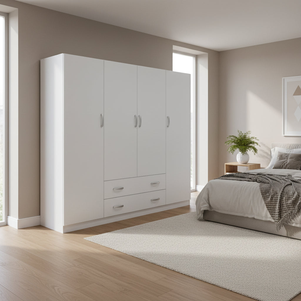 Гардероб с четири крила с 2 чекмеджета ALVIA бял 200x51x180см