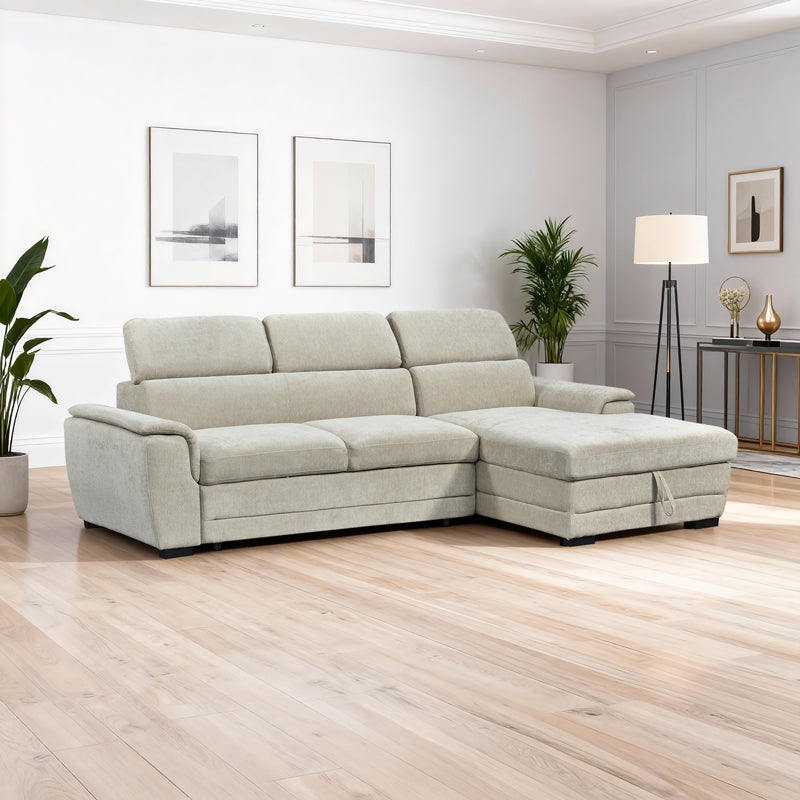 Ъглов разтегателен диван DREAMORA ляв ъглов с място за съхранение бежов плат 270x167x82см