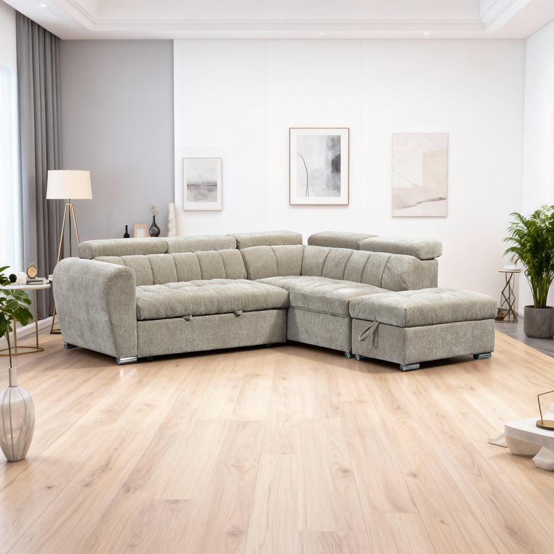 Ъглов разтегателен диван ляв ъглов NUVORA с място за съхранение бежов плат 244x225x79см