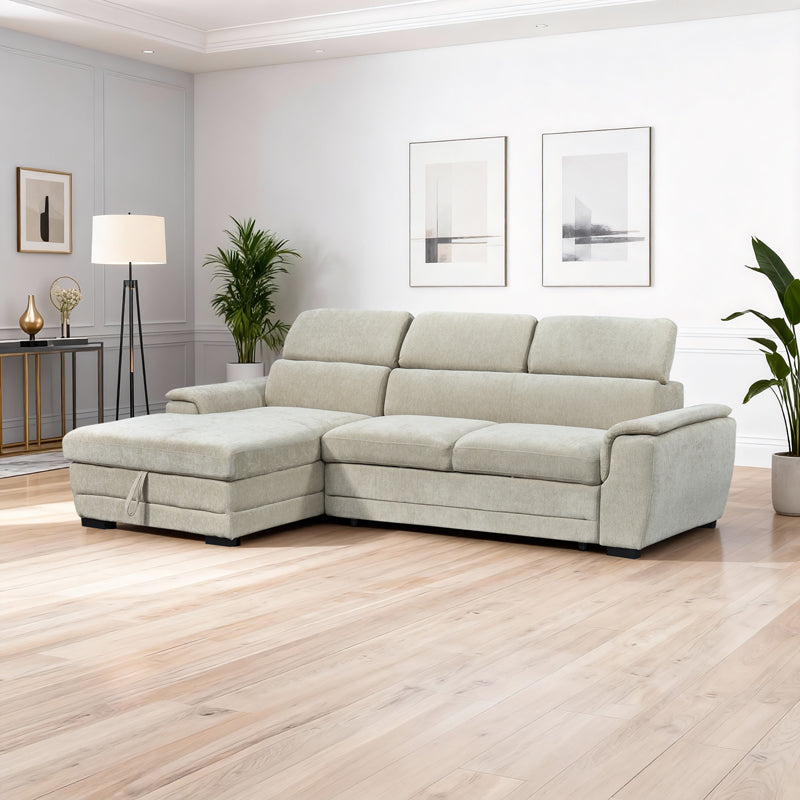 Ъглов разтегателен диван DREAMORA в десен ъгъл с място за съхранение, бежов плат, 270x167x82см