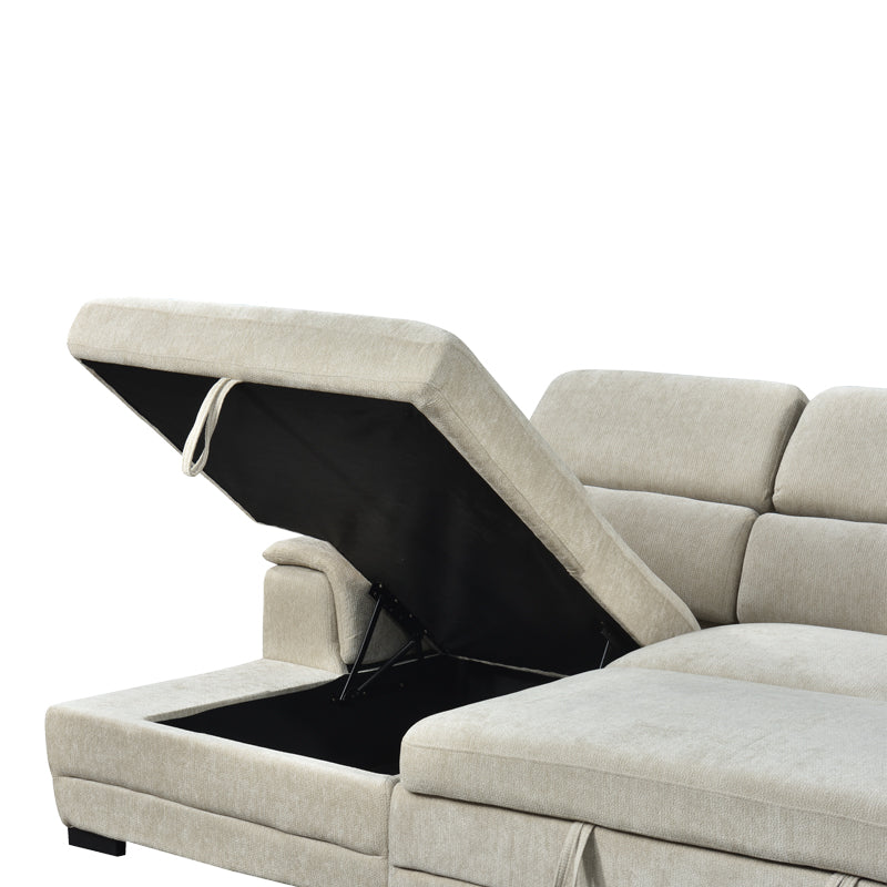 Ъглов разтегателен диван DREAMORA в десен ъгъл с място за съхранение, бежов плат, 270x167x82см