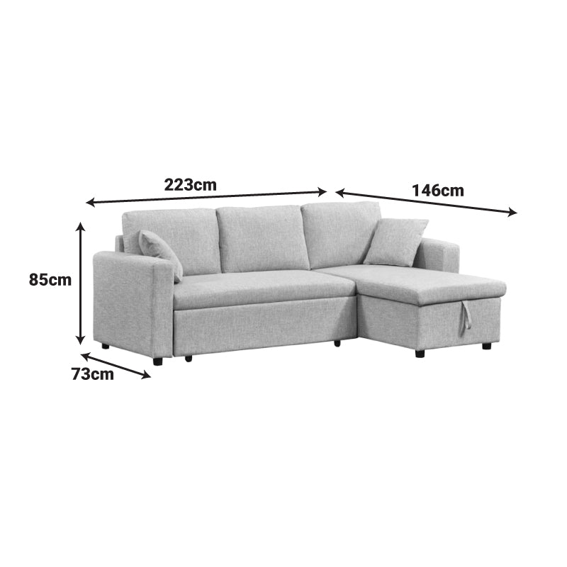 Разтегателен диван KAMORE с място за съхранение, плат, бежов, 223x146x85см