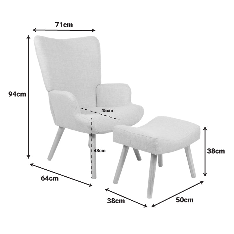 Фотьойл с табуретка gerlina сиво-бежов плат и крака в естествен цвят 71x64x94см