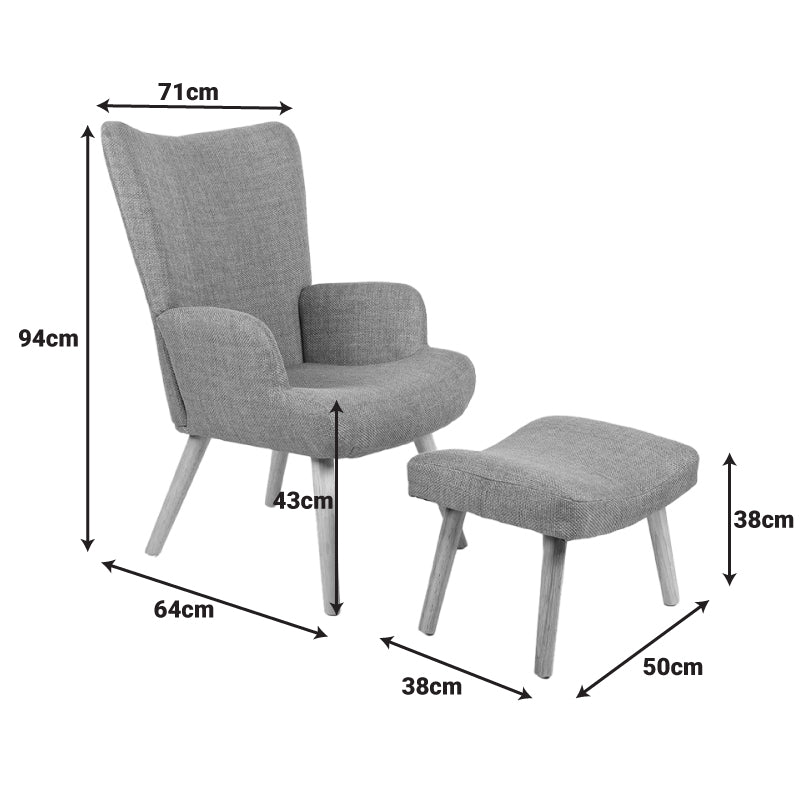 Фотьойл с табуретка GERLINA светлосив плат и крака в естествен цвят 71x64x94см