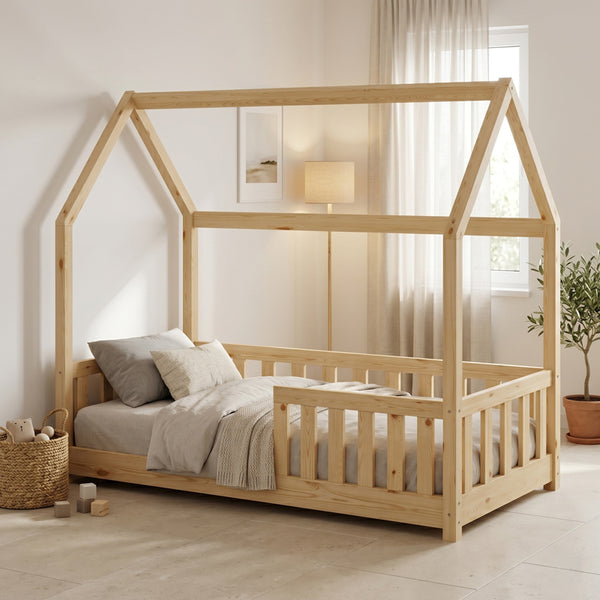 Детско легло BAMBIE с парапет montessori борова дървесина в естествен нюанс 70x140см