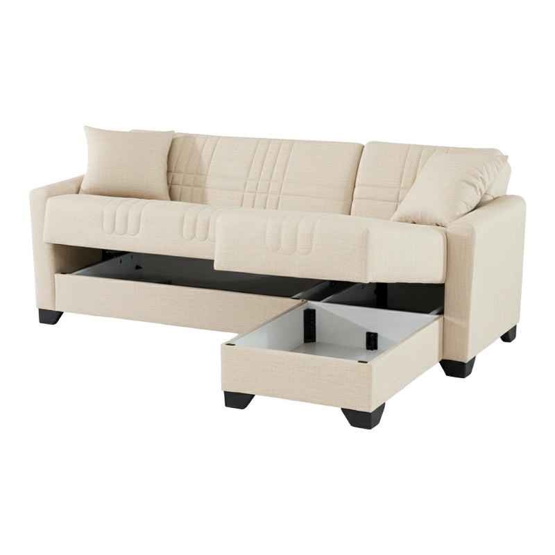 Ъглов разтегателен диван с обръщаем дизайн Stashio кремав плат 202x143x84см