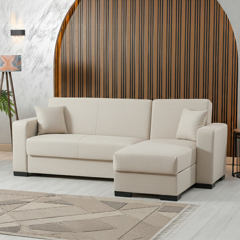 Ъглов разтегателен диван с обръщаем дизайн Dumma кремав плат 226x148x86см