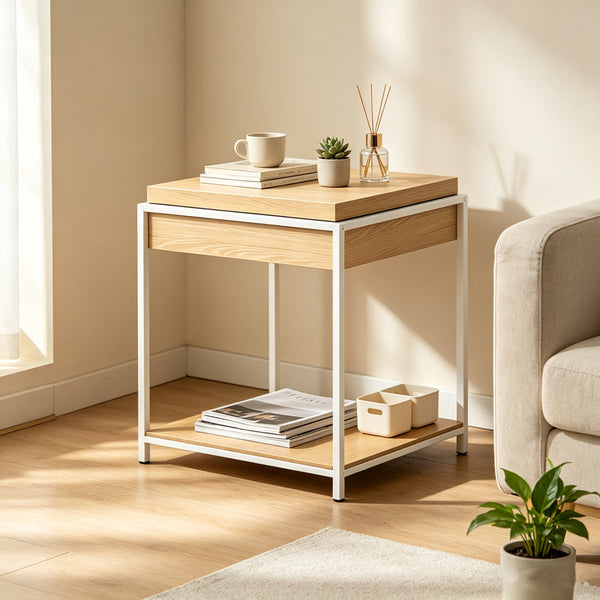 Странична маса ODAR с място за съхранение sonoma mdf с бял метал 51x51x60см