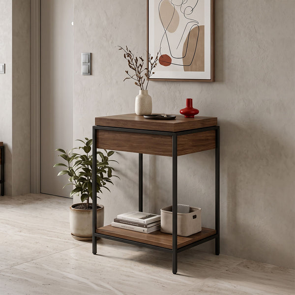 Конзолна маса ODAR с място за съхранение, орех, mdf с черен метал, 63x63x80см
