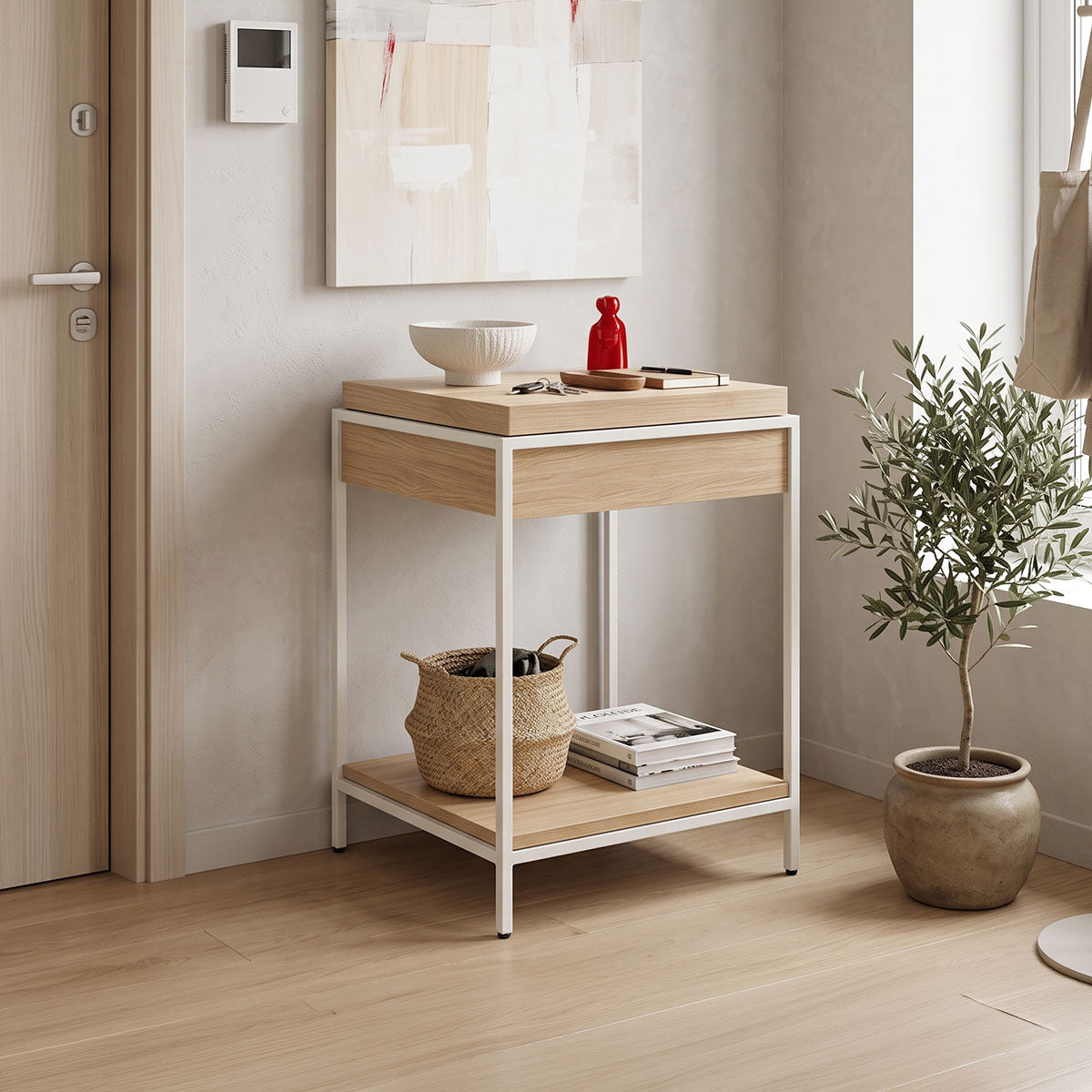 Конзолна маса ODARс място за съхранение сонома mdf с бял метал 63x63x80см