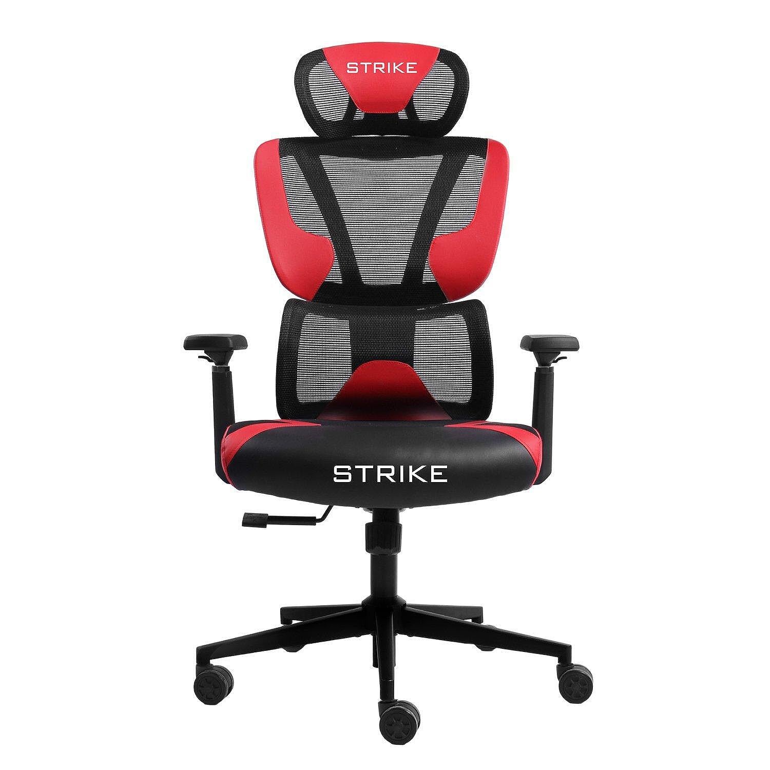Геймърски стол Strike, дамаска и меш, Multi-function механизъм, метална основа, до 130 kg, черно-червен