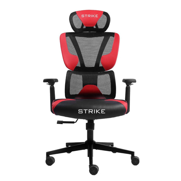Геймърски стол Strike, дамаска и меш, Multi-function механизъм, метална основа, до 130 kg, черно-червен