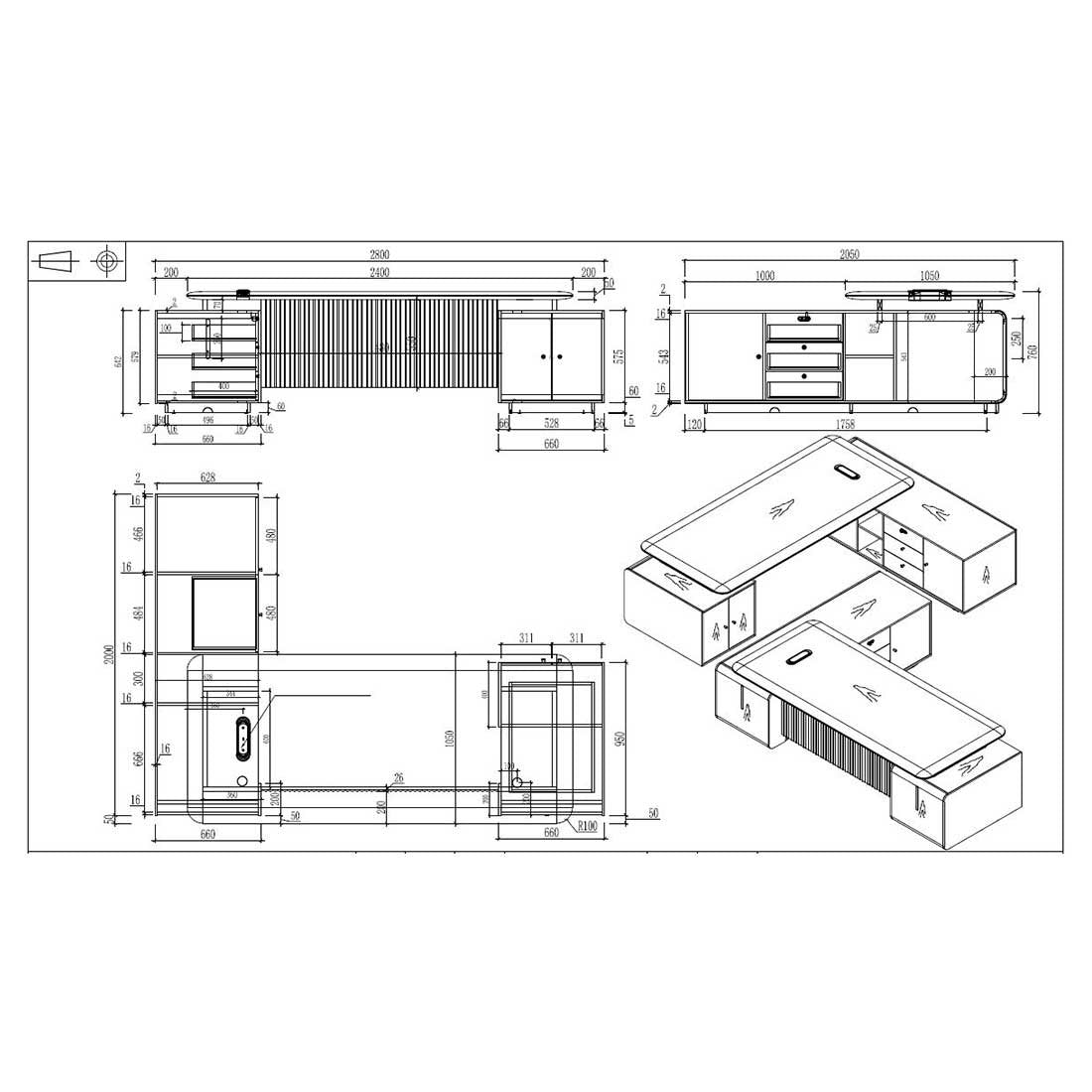 Бюро Parma, 2800 х 2050 х 760 mm, ПДЧ 50 mm, орех и перлен графит