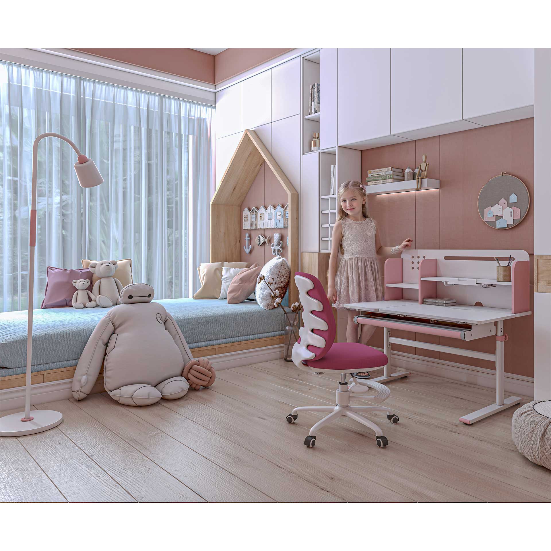 Бюро с регулируема височина Ergo Light 1003A, MDF плот, метални крака, розово