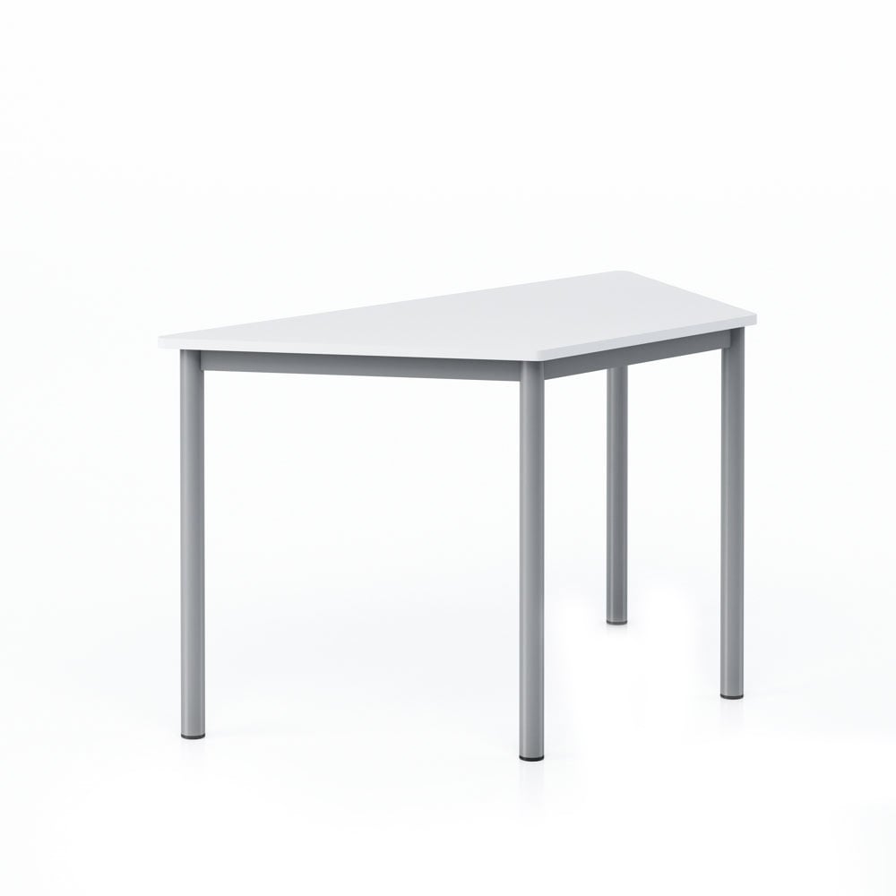Ученическа маса Trapez, модулна, трапецовидна, над VIII клас, 1250 х 600 х 750 mm, бял MDF плот със заоблени ъгли, сиви метални крака