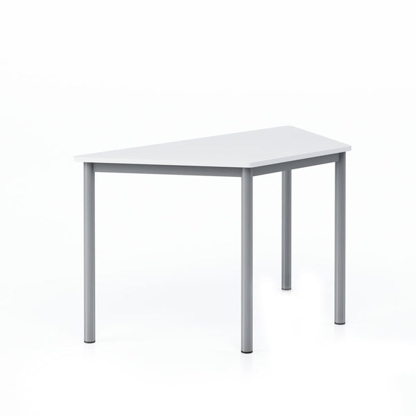 Ученическа маса Trapez, модулна, трапецовидна, над VIII клас, 1250 х 600 х 750 mm, бял MDF плот със заоблени ъгли, сиви метални крака