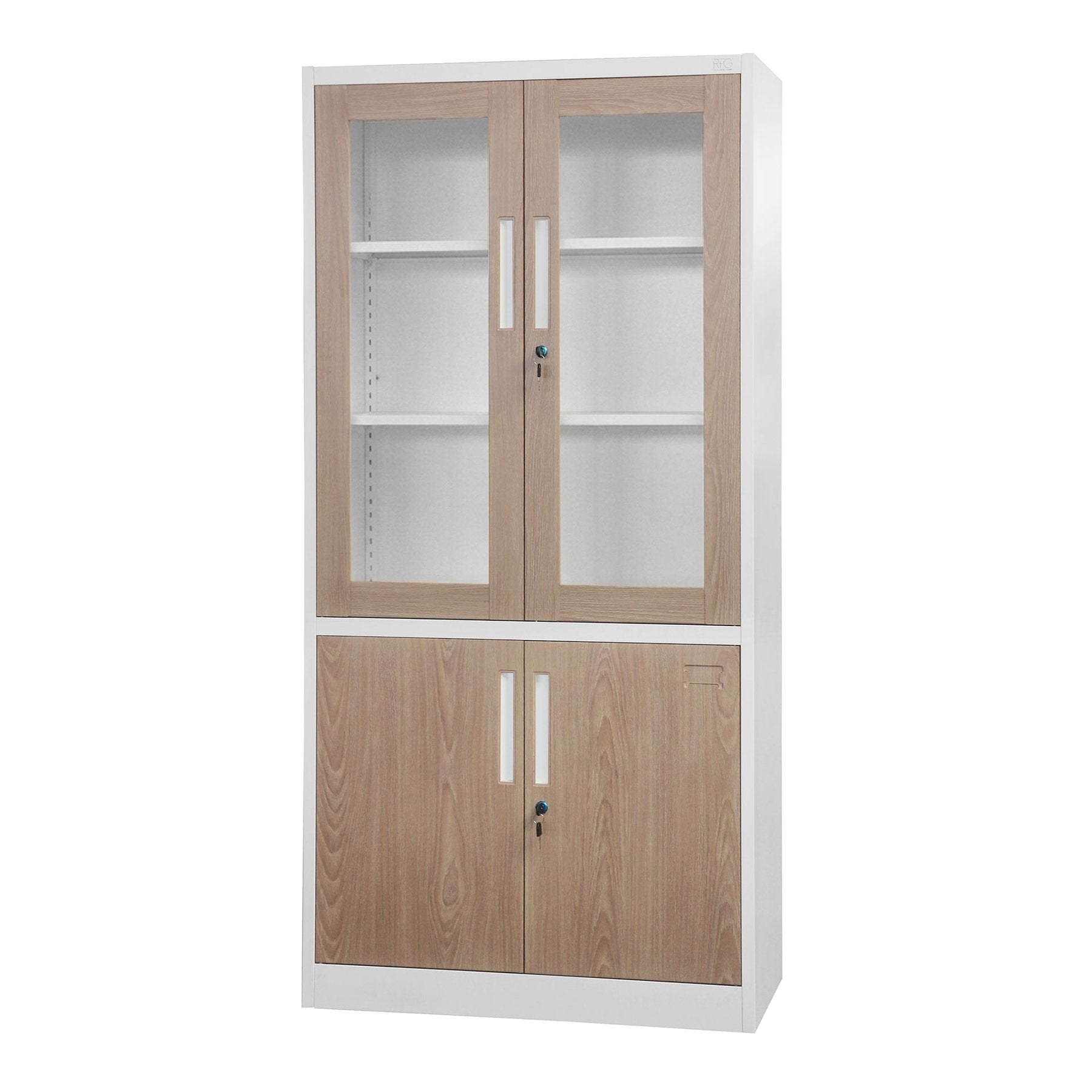 Шкаф, медицински, със стъклени врати, 900 х 400 х 1850 mm, кехлибарен дъб и бяло
