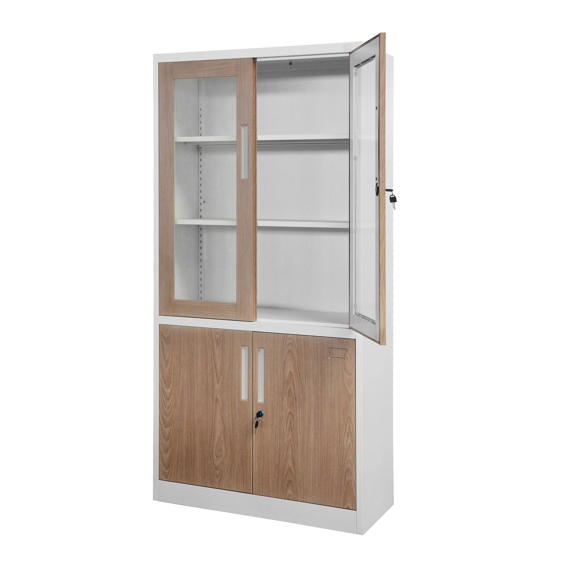 Шкаф, медицински, със стъклени врати, 900 х 400 х 1850 mm, кехлибарен дъб и бяло