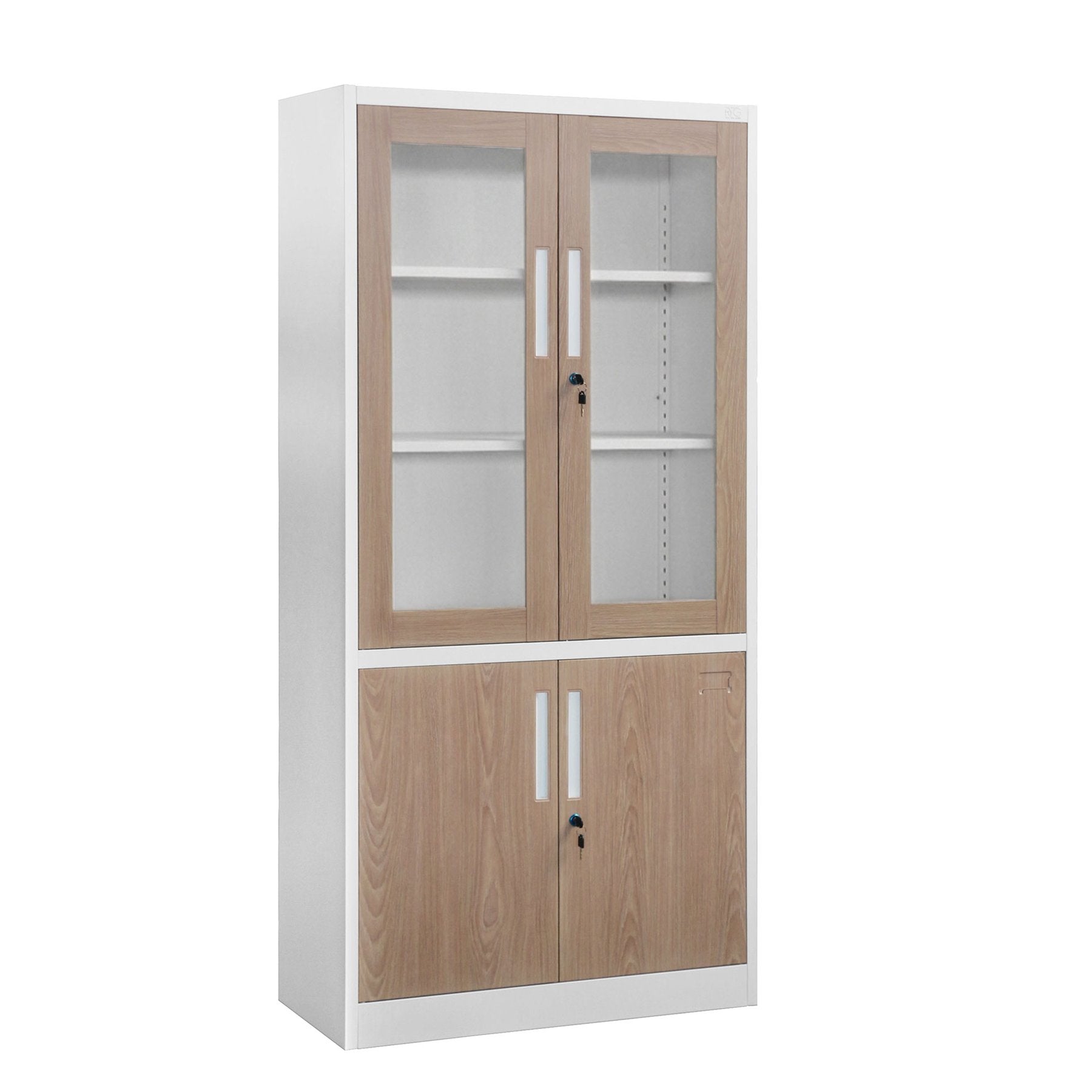 Шкаф, медицински, със стъклени врати, 900 х 400 х 1850 mm, кехлибарен дъб и бяло