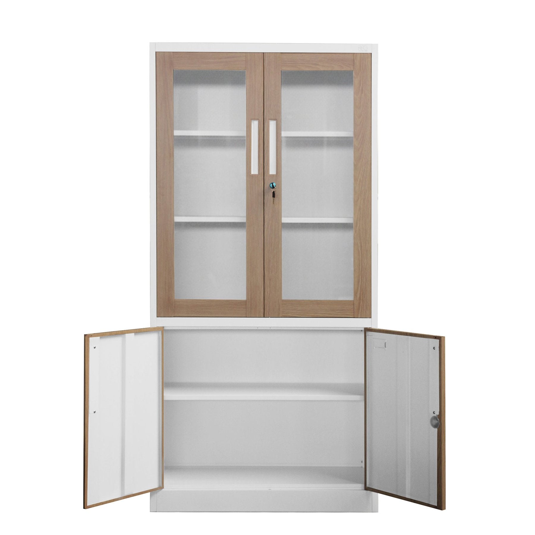Шкаф, медицински, със стъклени врати, 900 х 400 х 1850 mm, кехлибарен дъб и бяло