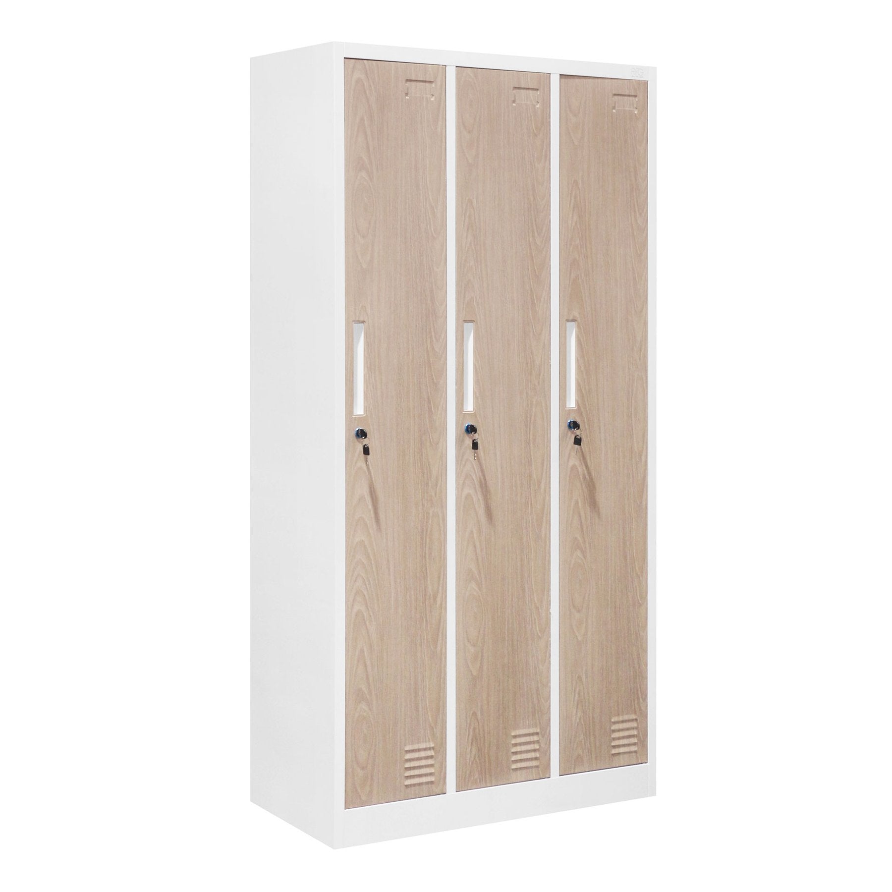 Гардероб, троен, метален, с 6 врати, 900 х 450 х 1850 mm, кехлибарен дъб и бяло