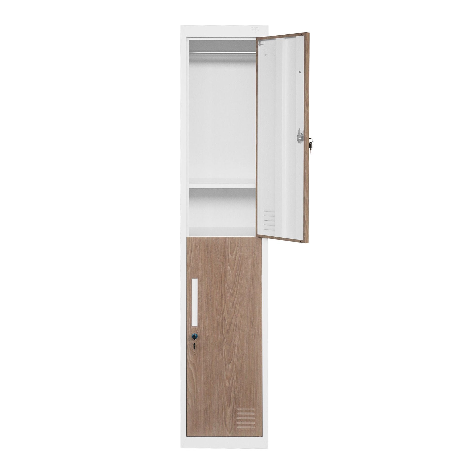 Гардероб, единичен, метален, с две врати, 380 х 450 х 1850 mm, кехлибарен дъб и бяло