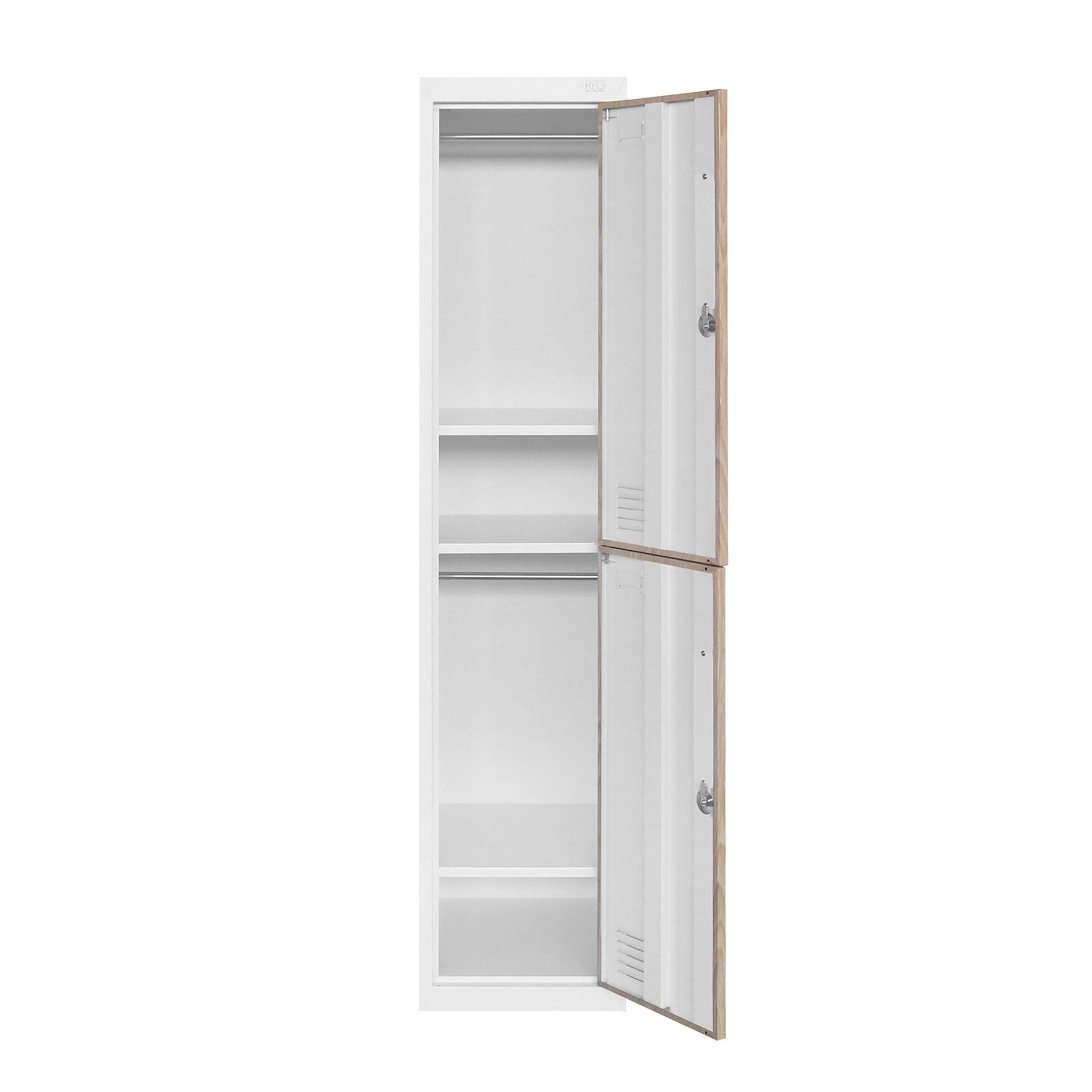 Гардероб, единичен, метален, с две врати, 380 х 450 х 1850 mm, кехлибарен дъб и бяло