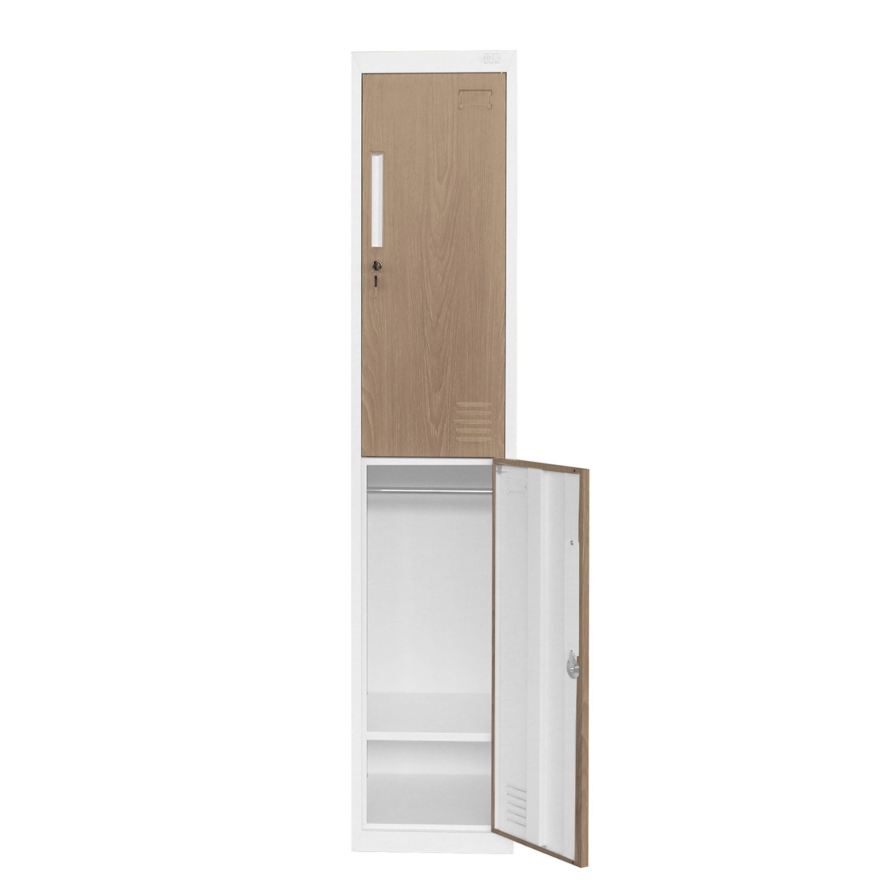 Гардероб, единичен, метален, с две врати, 380 х 450 х 1850 mm, кехлибарен дъб и бяло
