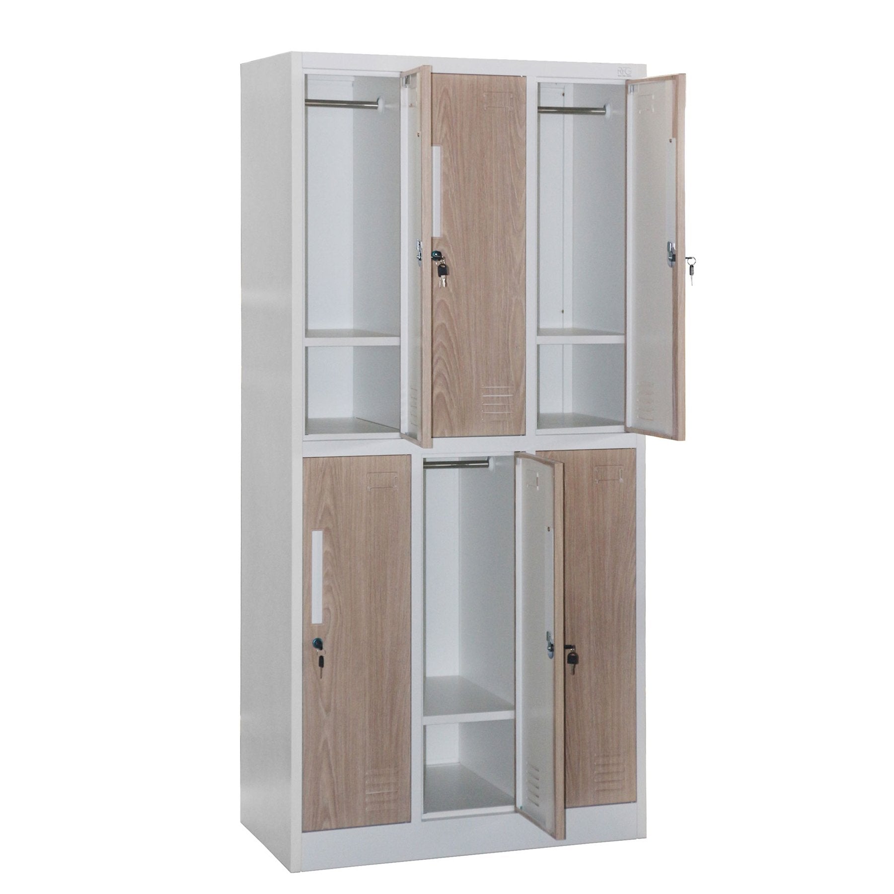 Гардероб, троен, метален, 900 х 450 х 1850 mm, кехлибарен дъб и бяло