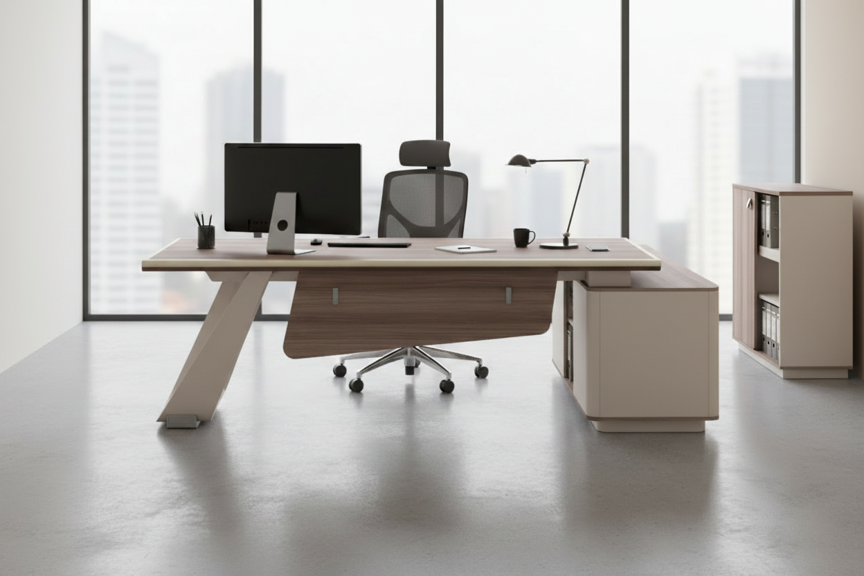 Ляво ъглово бюро SUPERON меламин в натурален бежов цвят метален крак 240x180x76см.