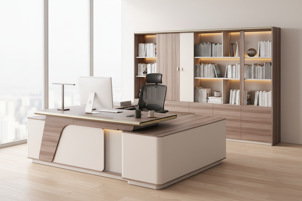 Ляво ъглово бюро SUPERON меламин натурален-бежов цвят с LED осветление 240х180х76 см