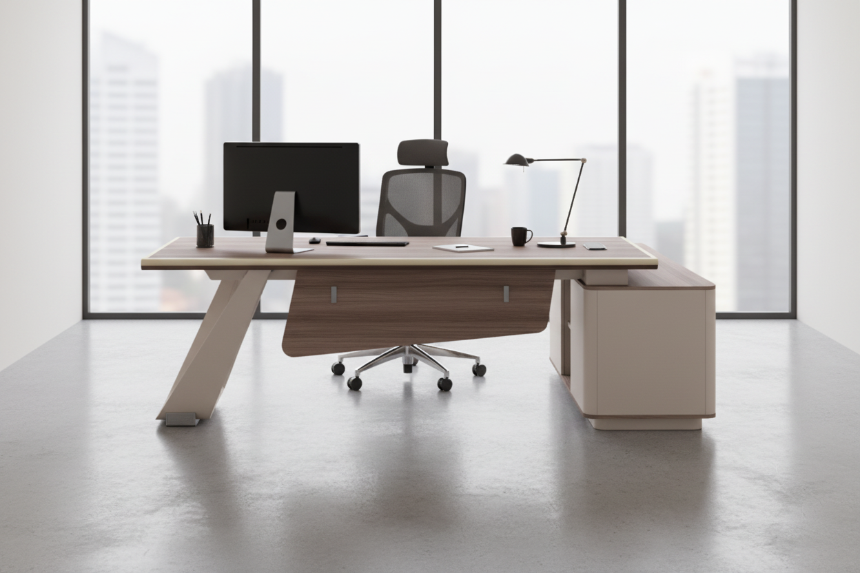 Ляво ъглово бюро SUPERON меламин в натурален бежов цвят метален крак 240x180x76см.